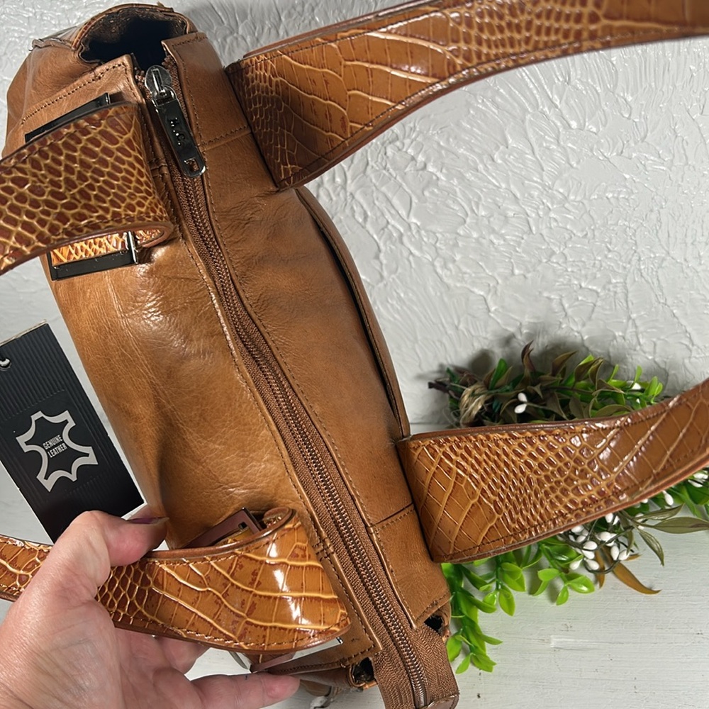 🆕M.C. Embossed NEW Genuine Leather Shoulder Bag Camel Color Silver Accents NWT - Picture 12 of 16
